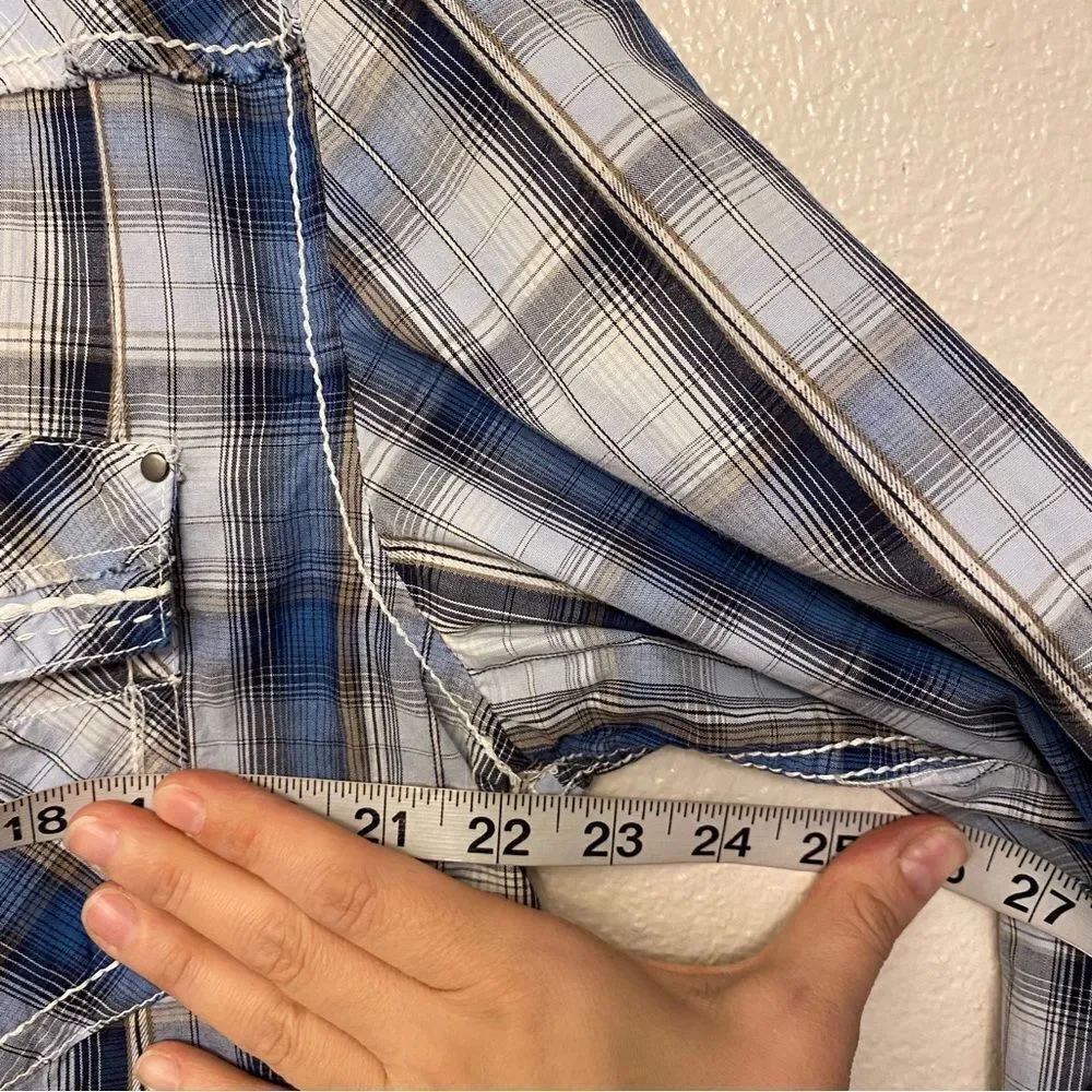 Buckle BKE athletic fit blue plaid thick stitch button up Western cotton shirt L - Picture 9 of 10